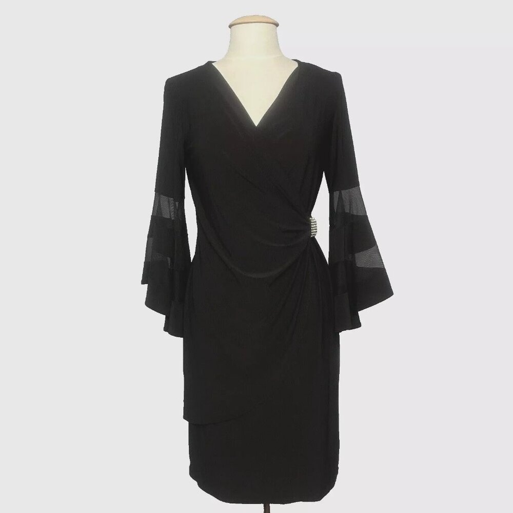 R&M Richards Womens Dress 6 Black Faux Wrap Sheer Flare Cocktail Evening Party